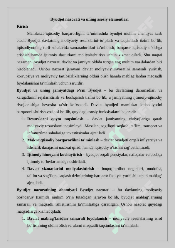 Byudjet nazorati, byudjet nazorati elementlari 2