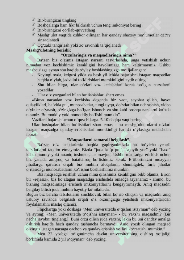 "Maqsad qo'yish" Trening ishlanma 2