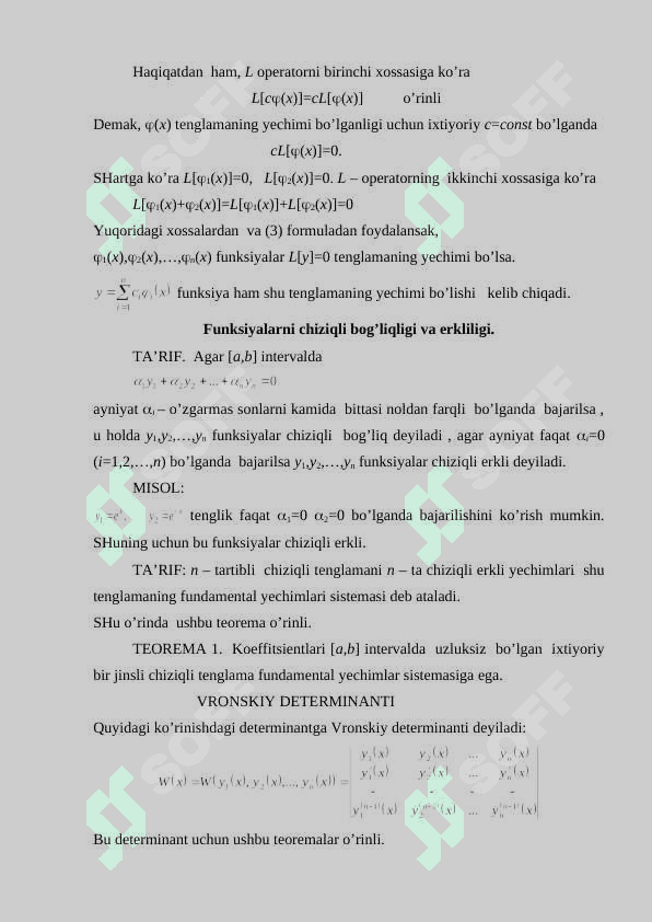 Yuqori tartibli chiziqli differensial tenglamalar. Vronskian. Fundamental yechim. Asosiy teoremalar. 2