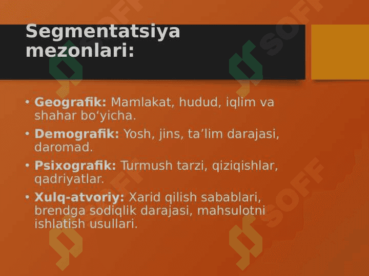 Tayyor kiyim kechak mahsulotlari bozor segmentatsiyasi va iste’molchilar xulq-atvorini o’rganish 4