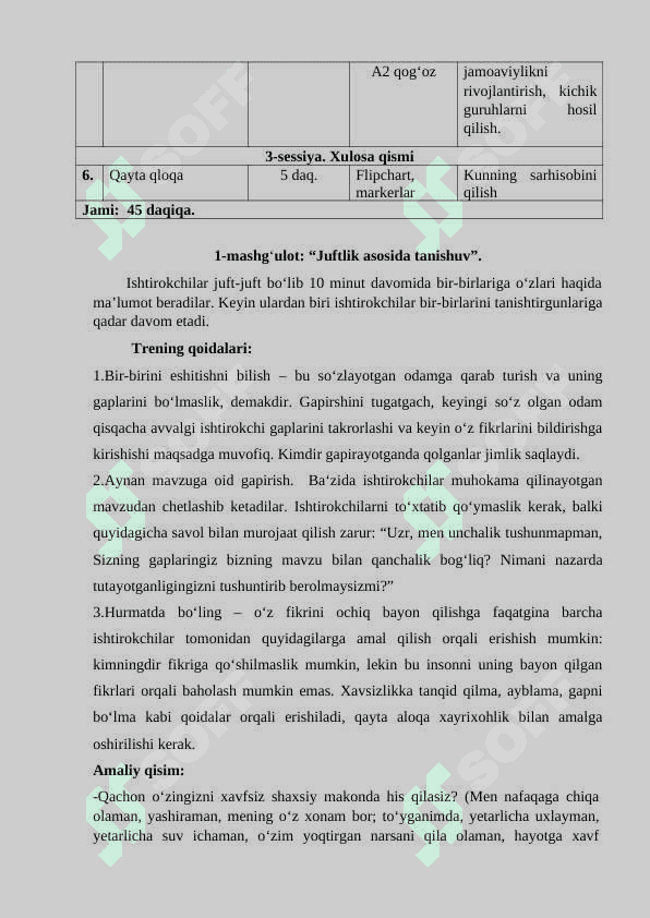 "Xavfsiz hudud" Trening ishlanma 2