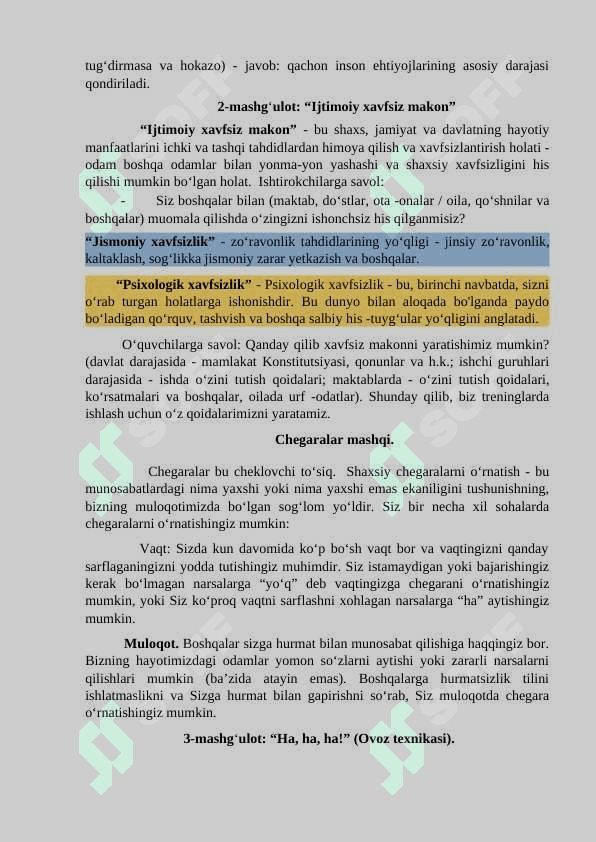 "Xavfsiz hudud" Trening ishlanma 3