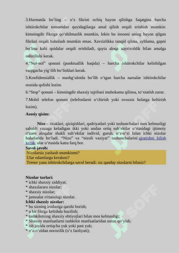 "Nizolarni boshqarish" Trening ishlanma 3