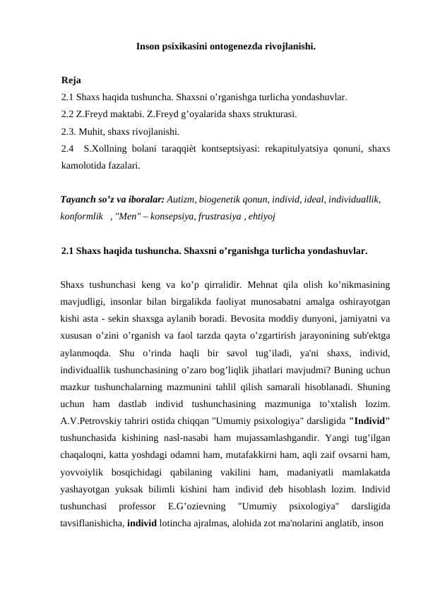 Inson psixikasini ontogenezda rivojlanishi