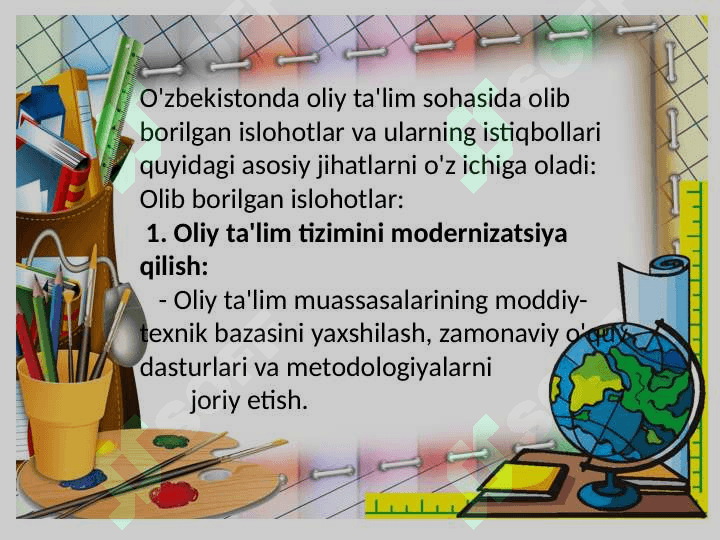 O’zbekistonda Oliy ta’lim sohasidagi olib borilgan islohotlar va ularning istiqbollari 3