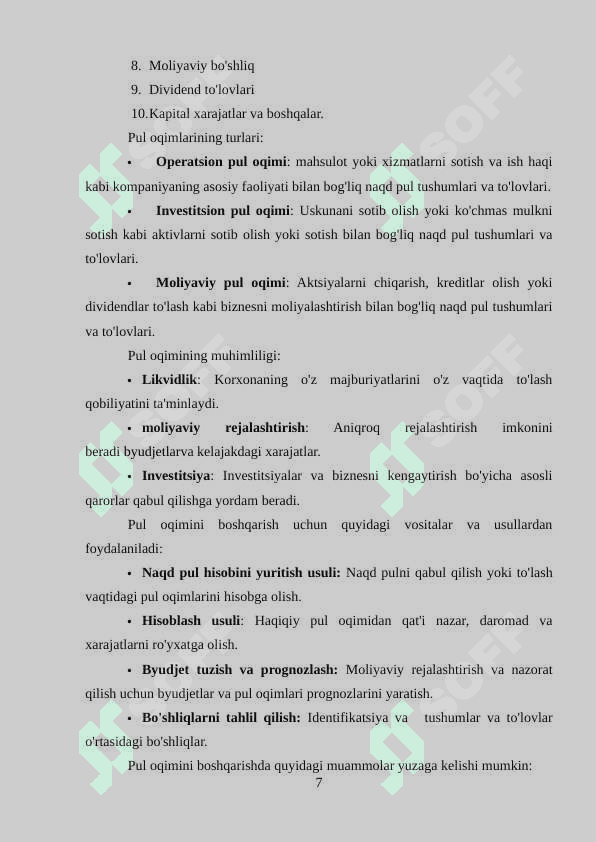 Pul oqimlari to’g’risidagi hisobot va uning tahlili. 7