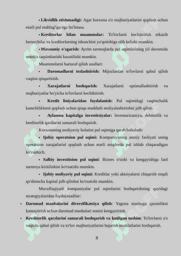 Pul oqimlari to’g’risidagi hisobot va uning tahlili. 8