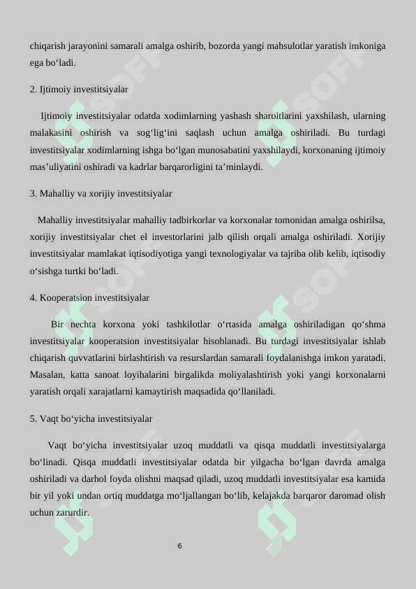 Xo’jalik yurutuvchi subyektlar investitsion faoliyati samaradorligini tahlili. 6