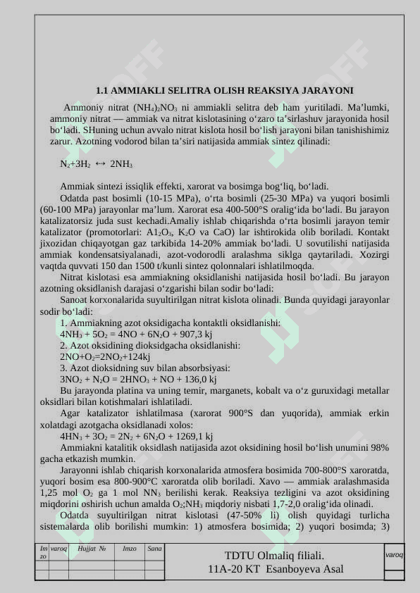 Ammiakli selitra ishlab chiqarishda bug’latish apparatining issiqlik texnik xisobi 8