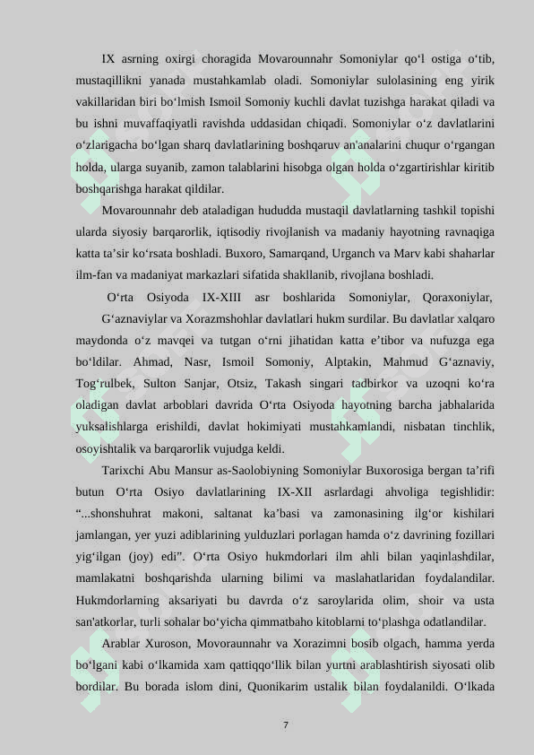 O‘RTА ОSIYONING IХ–ХV АSRLАR TАRIХIGА ОID YOZMА MАNBАLАR VA ULARNING O‘RGANILISHI 7
