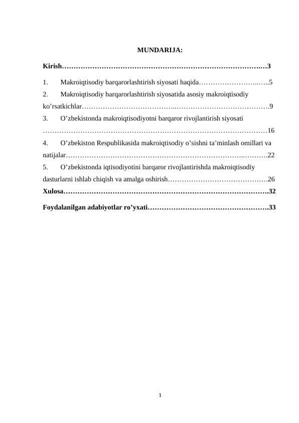 Makroiqtisodiy barqarorlashtirish siyosati va iqtisodiyotni barqaror rivojlantirish sharoitlarini shakllantirish