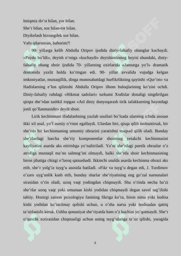 Hozirgi o'zbek she'riyatida ruhiy kechinma va badiiy ifoda 8