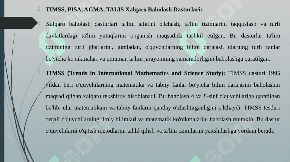 TIMSS, PISSA, AGMA, TALIS XALQARO BAHOLASH DASTURIGA DOIR TEST NAMUNALARI BILAN TANISHTIRISH 3