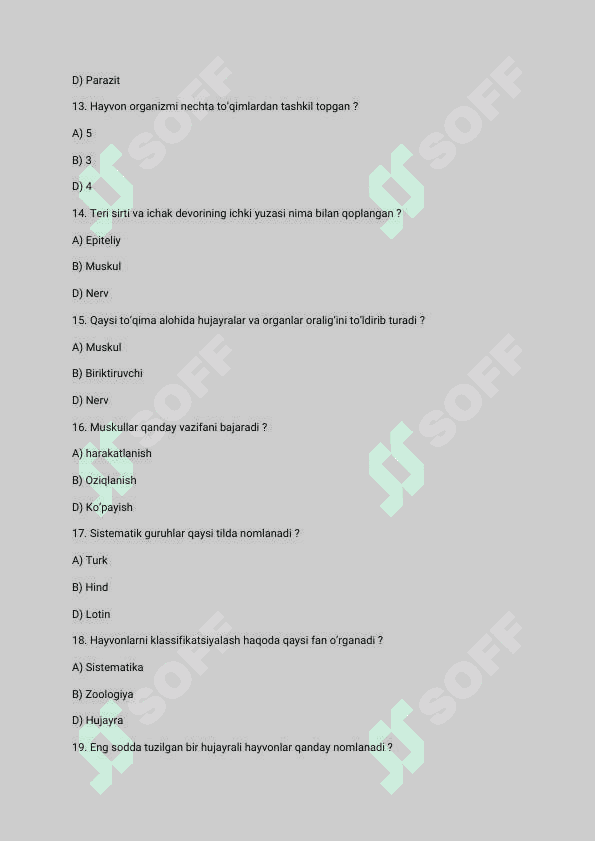 Zoologiya 7 sinf uchun test savollari javoblari bilan   30 ta test 3