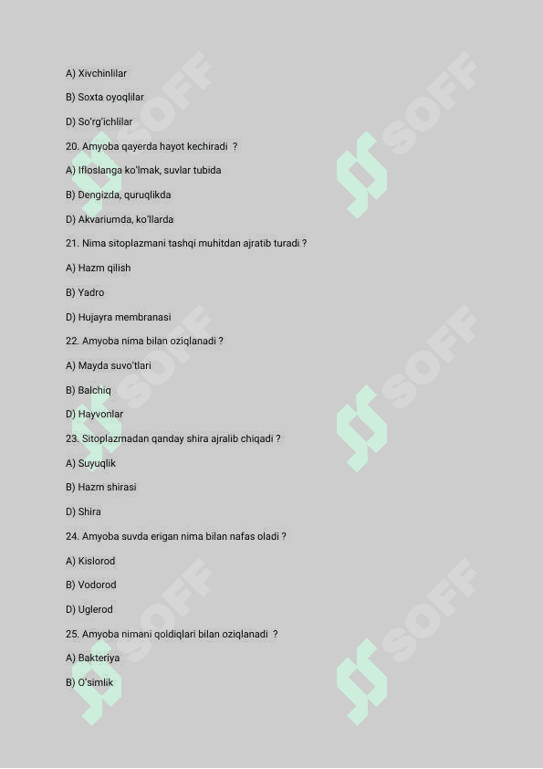 Zoologiya 7 sinf uchun test savollari javoblari bilan   30 ta test 4