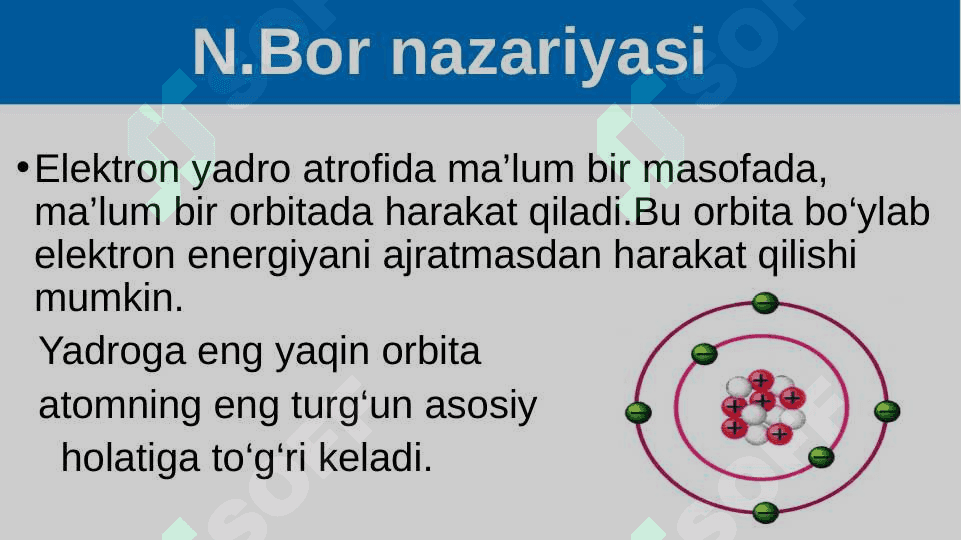 Atom tuzilishi. Atom tarkibidagi elektronlarni pog‘ona va pog‘onachalarga joylashishi (s, p, d elementlar misolida). Elektron ko‘chish 6