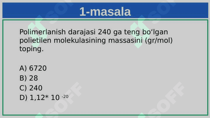 Yuqori molekulyar birikmalar mavzusiga doir masala va mashqlar yechish 2