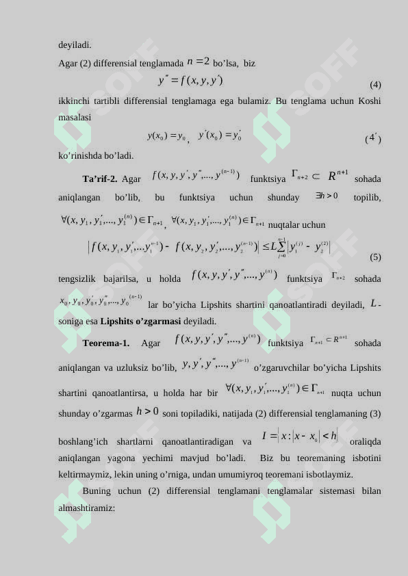 n-tartibli diffеrеnsial tеnglamalar.Yuqori tartibli tenglamalarning tartibini pasaytirish. Kanonik ko’rinishdagi n- tartibli differensial tenglamalar yechimining mavjudligi va yagonali haqidagi teorema 2