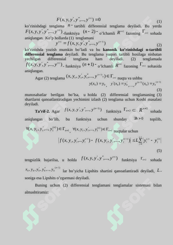 n-tartibli diffеrеnsial tеnglamalar.Yuqori tartibli tenglamalarning tartibini pasaytirish. Kanonik ko’rinishdagi n- tartibli differensial tenglamalar yechimining mavjudligi va yagonali haqidagi teorema 4