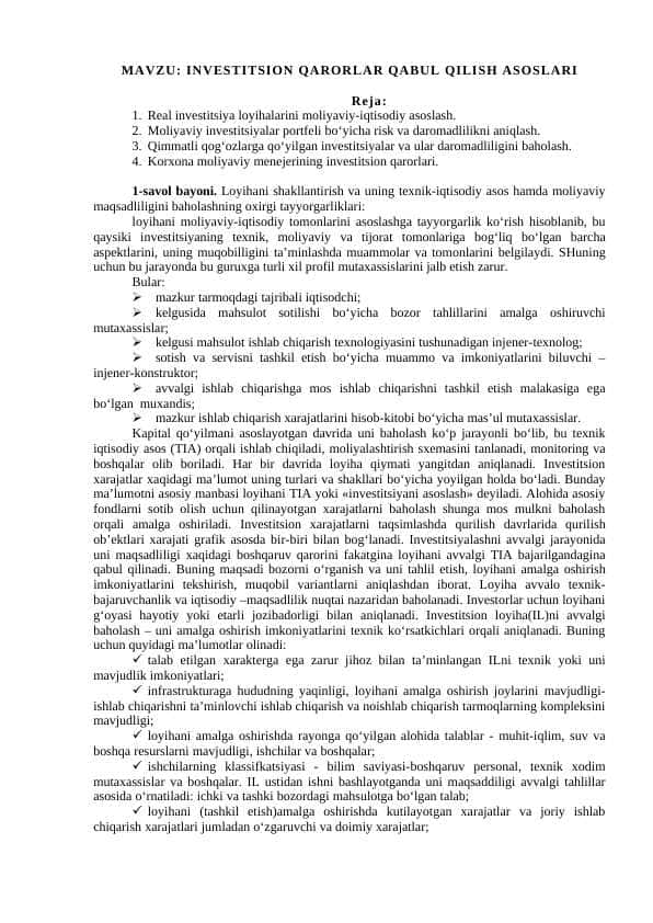INVESTITSION QARORLAR QABUL QILISH ASOSLARI