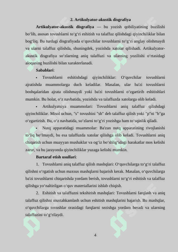 Fonematik disleksiya, artikulyator- akustik disgrafiya va fonomenalarning buzilishi asosidagi disgrafiyani bartaraf etish ishlanmalarini tayyorlash 4