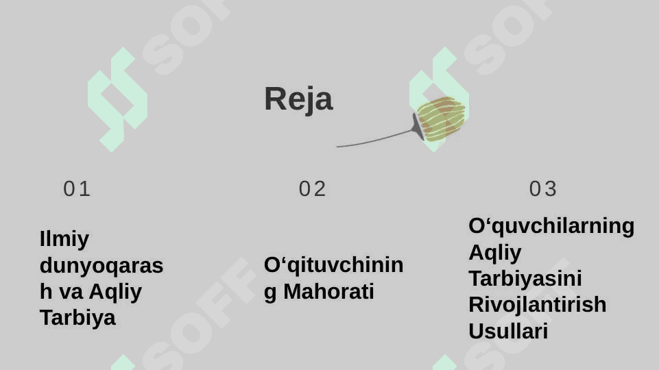 Ilmiy dunyoqarashni shakllantirish va oʻquvchilarni dars jarayonida muommoli vaziyatlardaidan foydalanishda boshlangʻich sinf oʻqituvchisiming mahorati aqliy tarbiyalash. 2
