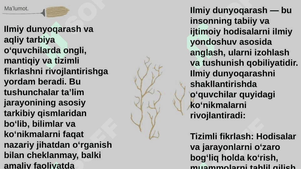Ilmiy dunyoqarashni shakllantirish va oʻquvchilarni dars jarayonida muommoli vaziyatlardaidan foydalanishda boshlangʻich sinf oʻqituvchisiming mahorati aqliy tarbiyalash. 4