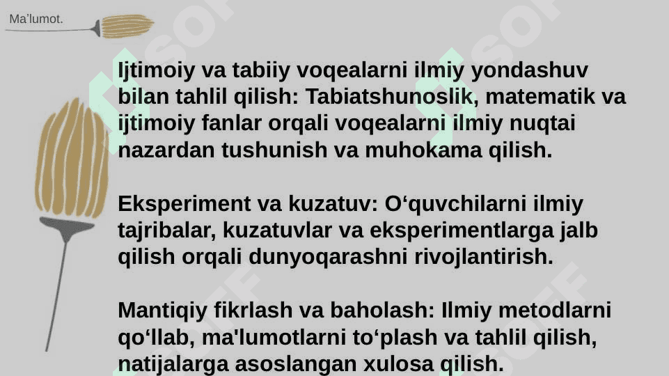 Ilmiy dunyoqarashni shakllantirish va oʻquvchilarni dars jarayonida muommoli vaziyatlardaidan foydalanishda boshlangʻich sinf oʻqituvchisiming mahorati aqliy tarbiyalash. 5