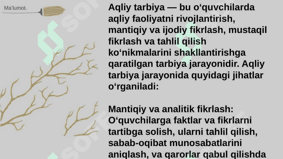 Ilmiy dunyoqarashni shakllantirish va oʻquvchilarni dars jarayonida muommoli vaziyatlardaidan foydalanishda boshlangʻich sinf oʻqituvchisiming mahorati aqliy tarbiyalash. 6