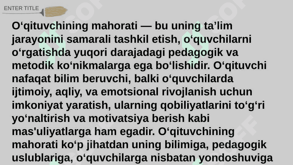 Ilmiy dunyoqarashni shakllantirish va oʻquvchilarni dars jarayonida muommoli vaziyatlardaidan foydalanishda boshlangʻich sinf oʻqituvchisiming mahorati aqliy tarbiyalash. 8