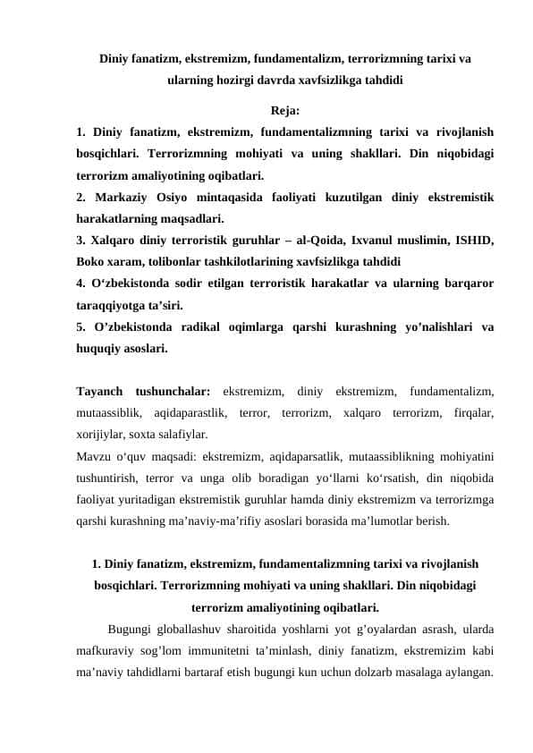 Diniy fanatizm, ekstremizm, fundamentalizm, terrorizmning tarixi va ularning hozirgi davrda xavfsizlikga tahdidi