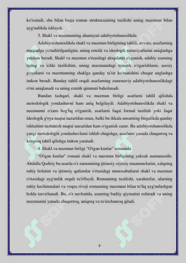 O'tgan kunlar romanida shakl va mazmun birligi 8