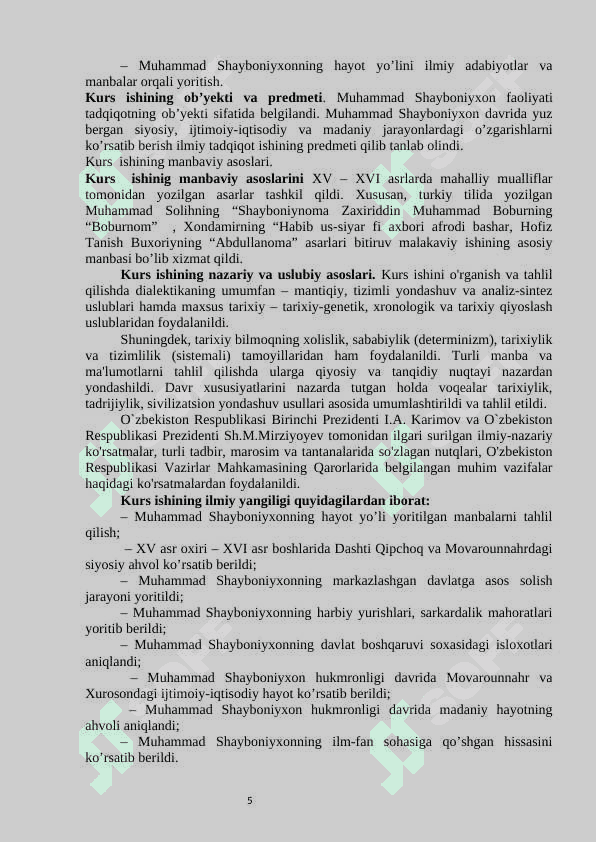 Buxoro amirligining Shayboniylar davri qóshin tuzilishi va harbiy boshqaruvi mavzusidagi 5