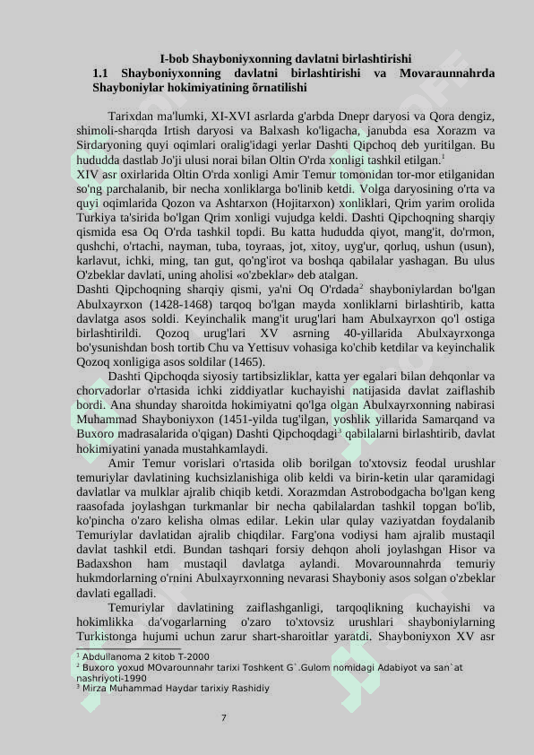 Buxoro amirligining Shayboniylar davri qóshin tuzilishi va harbiy boshqaruvi mavzusidagi 7
