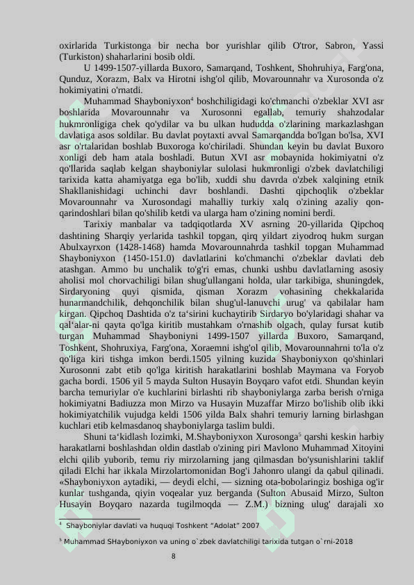 Buxoro amirligining Shayboniylar davri qóshin tuzilishi va harbiy boshqaruvi mavzusidagi 8