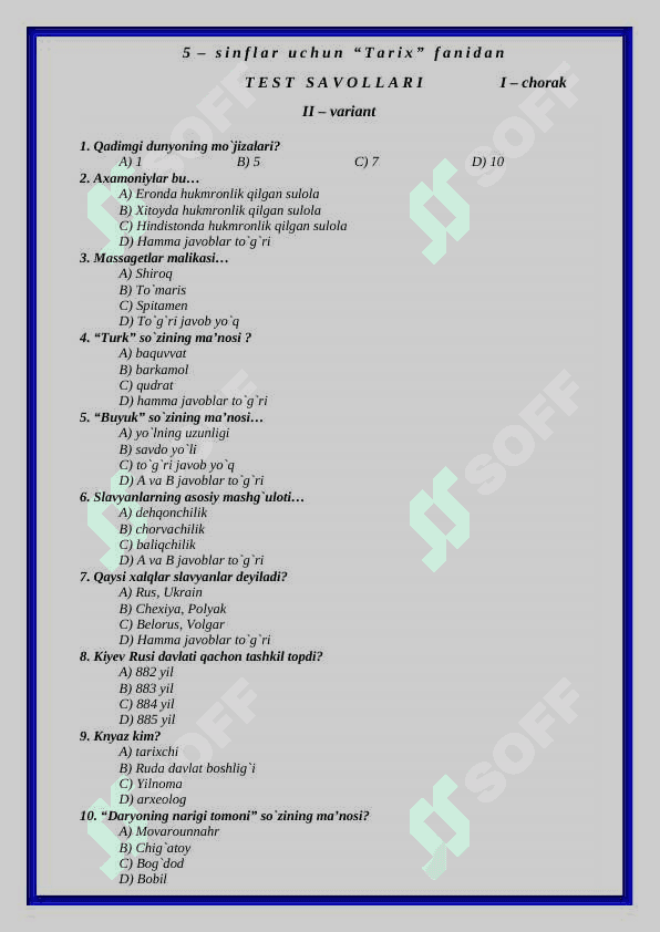 5-sinf tarix fanidan test savollari 3
