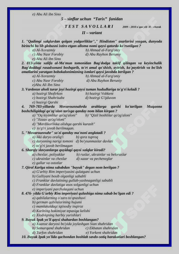 5-sinf tarix fanidan test savollari 8