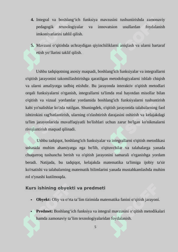 BOSHLANGʻICH FUNKSIYA VA INTEGRALNI OʻQITI... matematika kurs ishi ishlanmasi 5