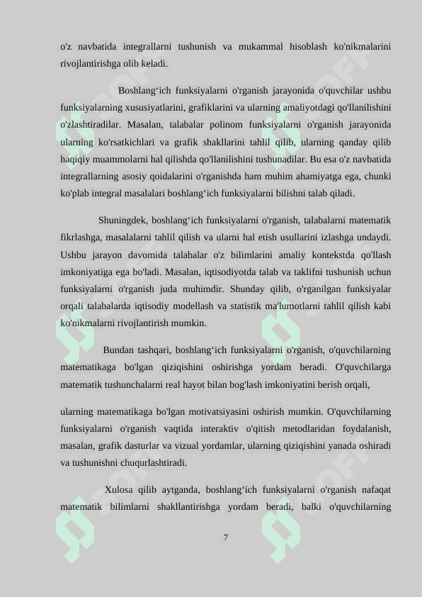 BOSHLANGʻICH FUNKSIYA VA INTEGRALNI OʻQITI... matematika kurs ishi ishlanmasi 7