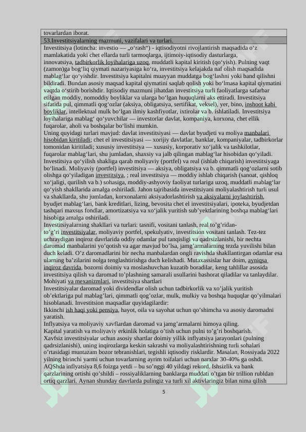 iqtisodiyot yo'nalishidagilar uchun savolnoma javoblari 51-100 gacha 5