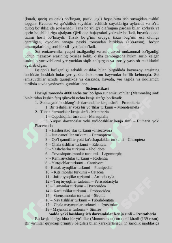 Sut emizuvchilar sinfining umumiy tavsifi va sistematikasi 2