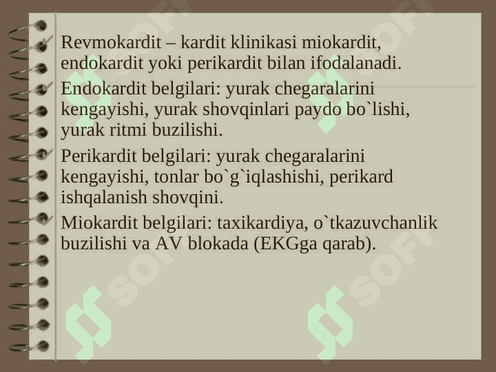 o`tkir revmatik isitma etiologiyasi, patogenezi, klinikasi, diagnostikasi, qiyosiy tashhisi.  davosi va profilaktikasi 8