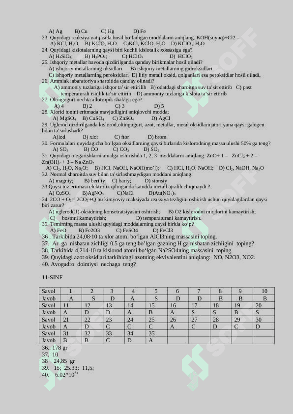 11 sinf kimyo test 2