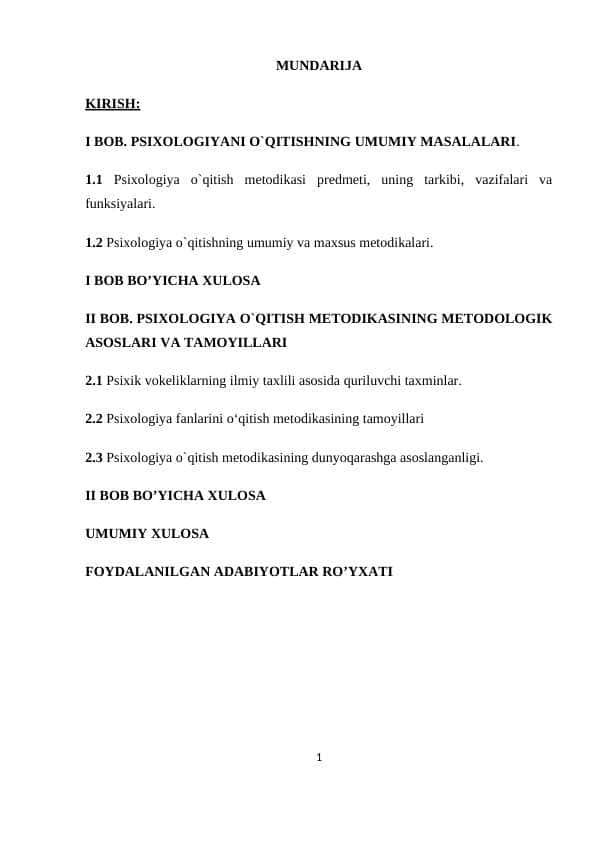 PSIXOLOGIYANI O`QITISHNING UMUMIY MASALALARI 30 kurs ishi.docx