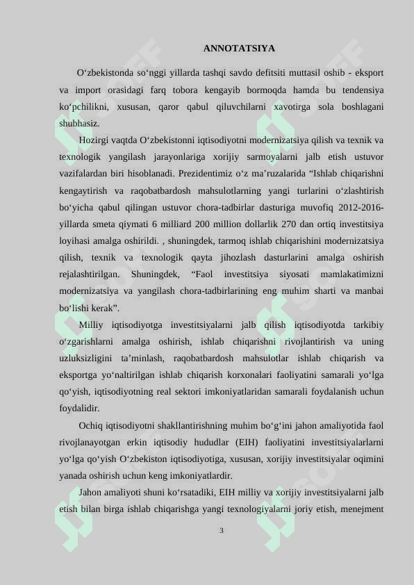 MAMLAKATIMIZ IQTISODIYOTIGA XORIJIY INVESTITSIYALARNI JALB QILISHDA ERKIN IQTISODIY HUDUDLARNI RIVOJLANTIRISH 3