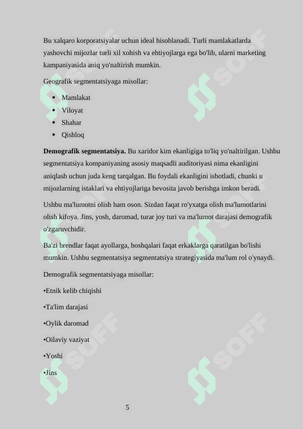 Bozor segmentatsiyasini asosiy bosqichlari, tamoyillari va usullari.Nike firmasining bozor segmentatsiyasi. 5