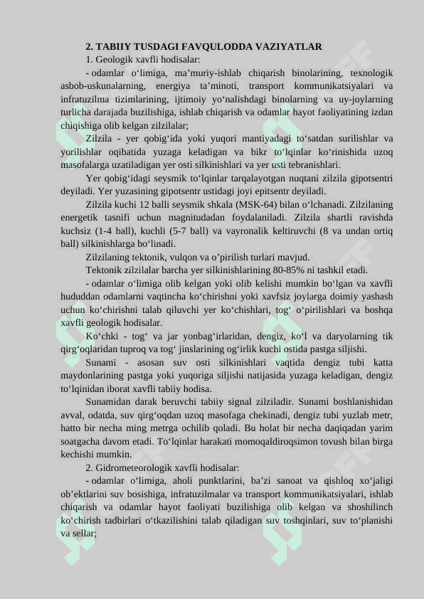 Texnogen xususiyatli favqulodda vaziyatlar ualrdan himoyalanish 5