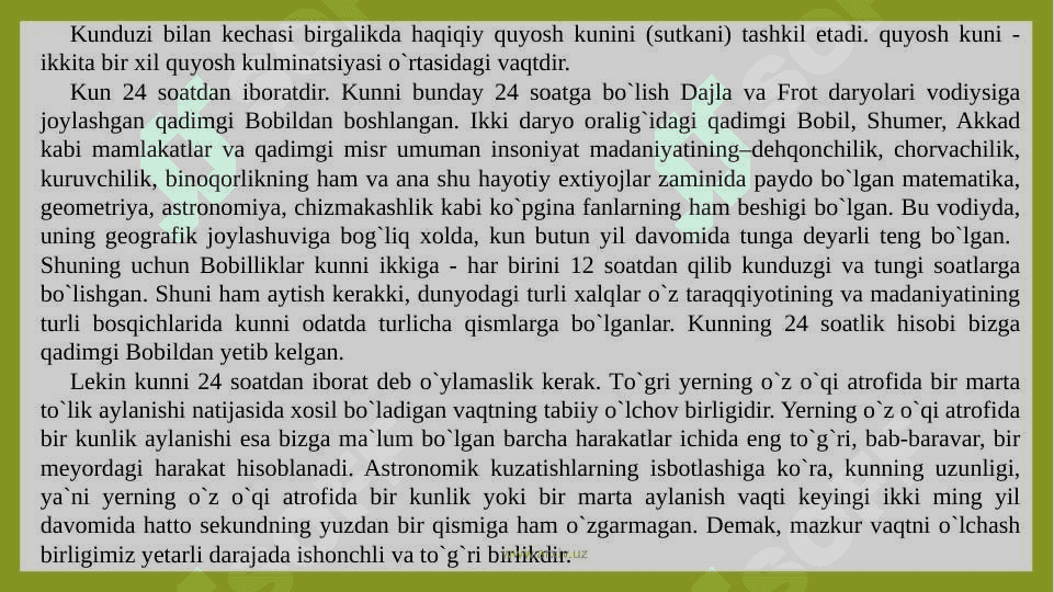 Vaqtning о`lchov birliklari.Kalendarning tabiat xodisalari  bilan bog`liqligi 8