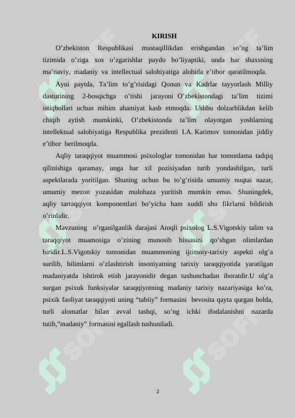 BОLАLАRNING АQLIY TАRАQQIYOTINI DIAGNOTIKA, KORREKSIYA QILISH VA PSIXOLOGIK MASLAHAT BERISH 2