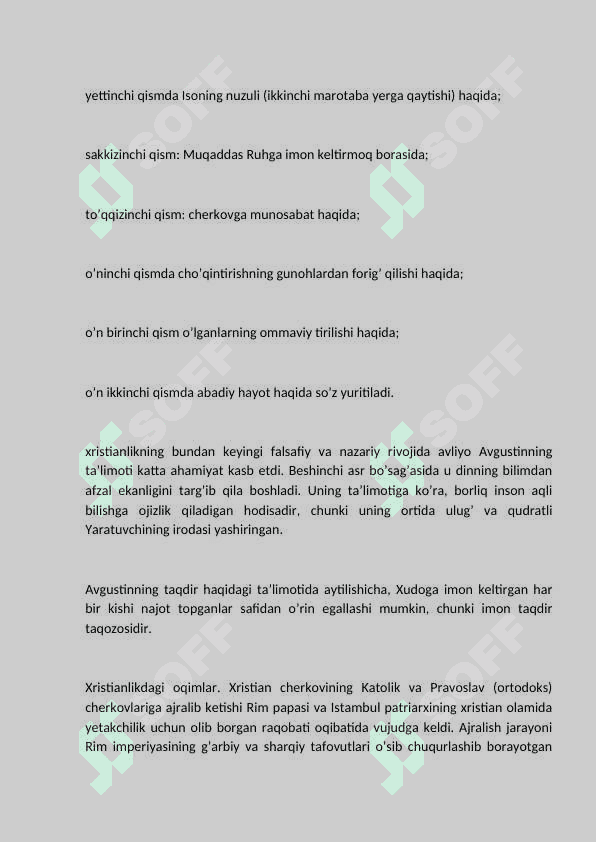Xristianlikdagi asosiy oqimlar. Katolik , Prvasla, Prtestantizm oqimlari qarashlari o'rtasodagi farqlar. 6